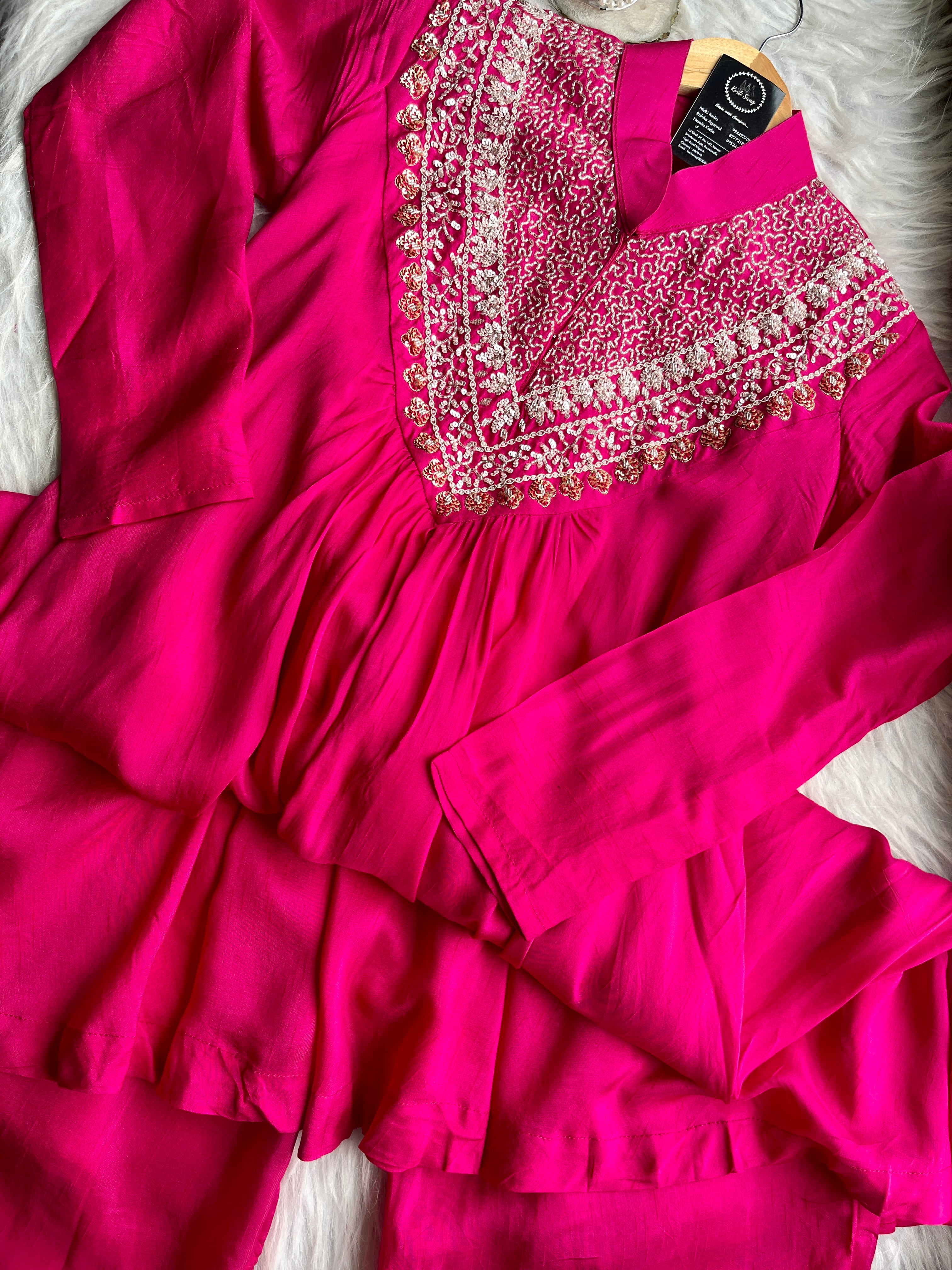 “SHREYA” Handwork Pink A line Top With Loose Straight Pants - Indowestern Edit 💕✨ | KurtiSwag