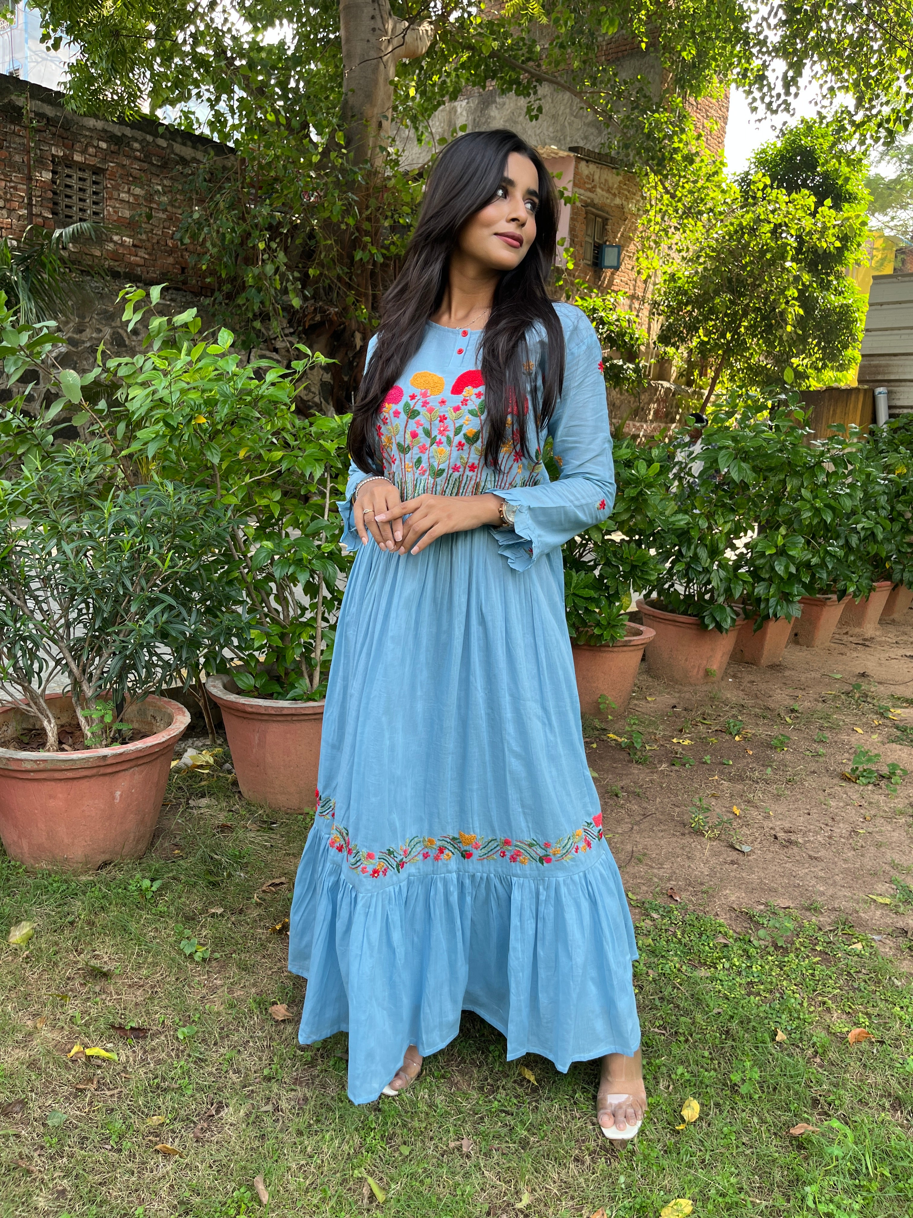 KASHVI” Mul Cotton Embroidered Long Dress 💕✨ – Kurti Swag