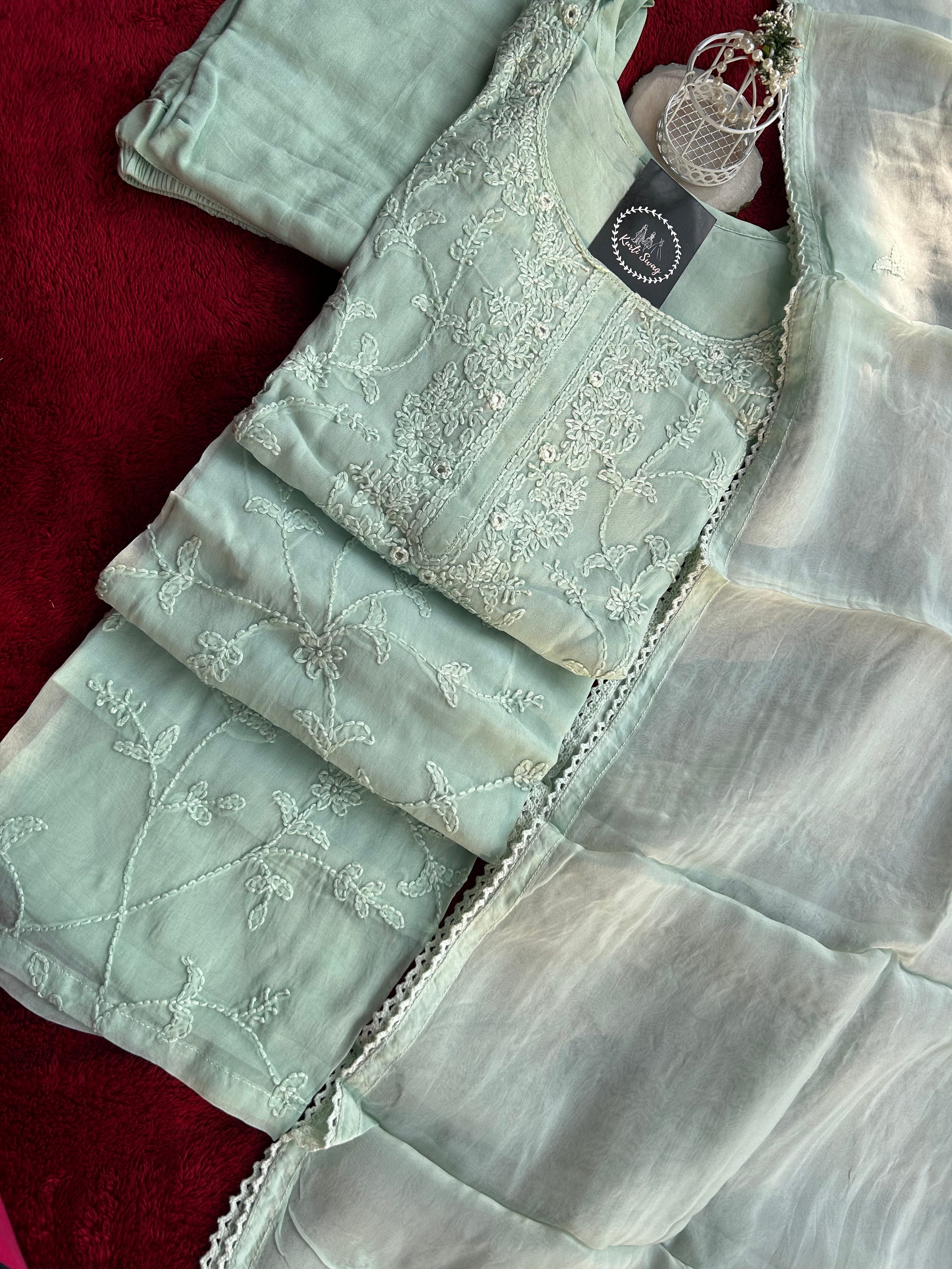 “BLUSH MINT” Soft Organza Chikankari Suit Set ✨💕 | KurtiSwag