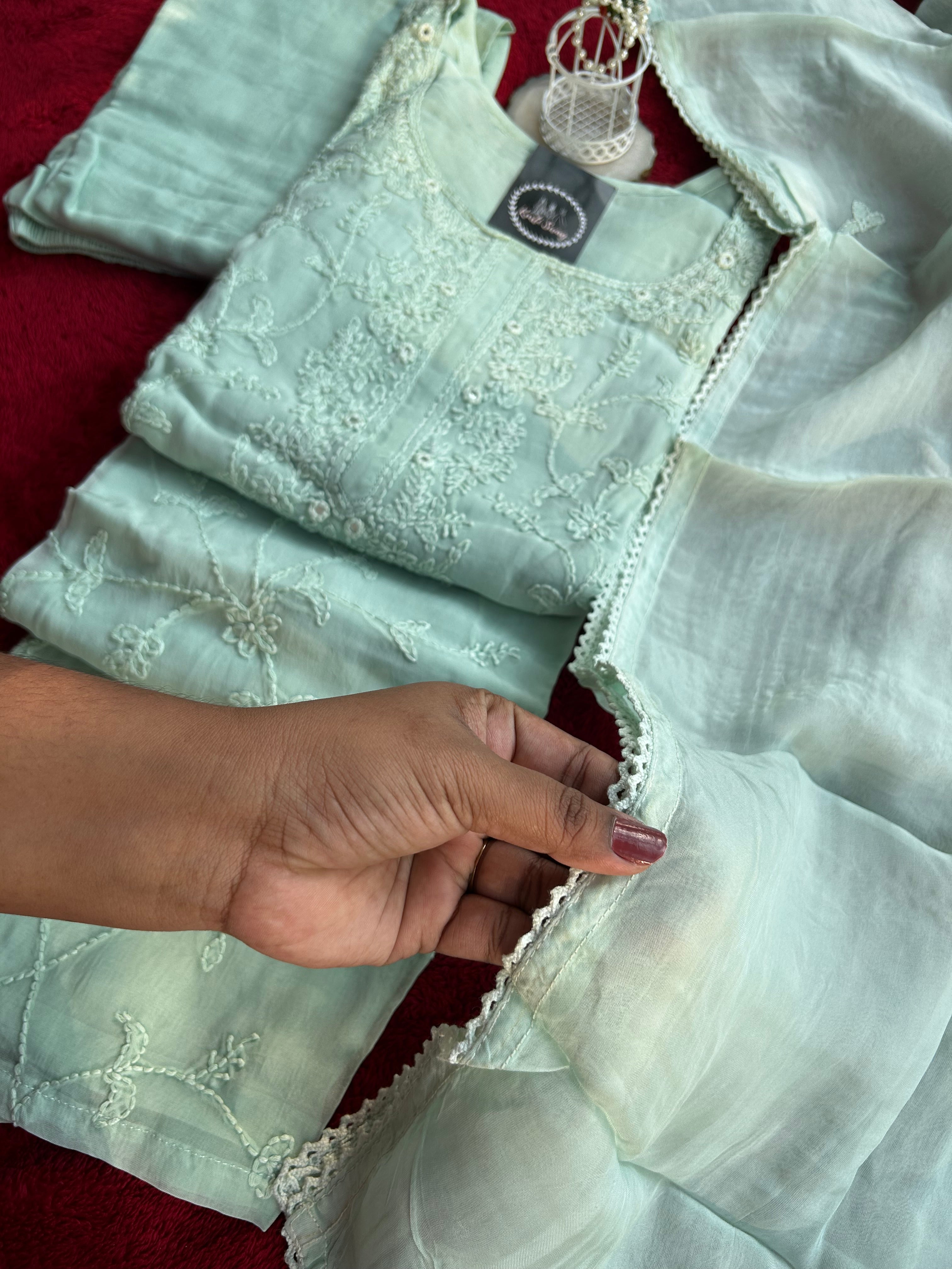 “BLUSH MINT” Soft Organza Chikankari Suit Set ✨💕 | KurtiSwag