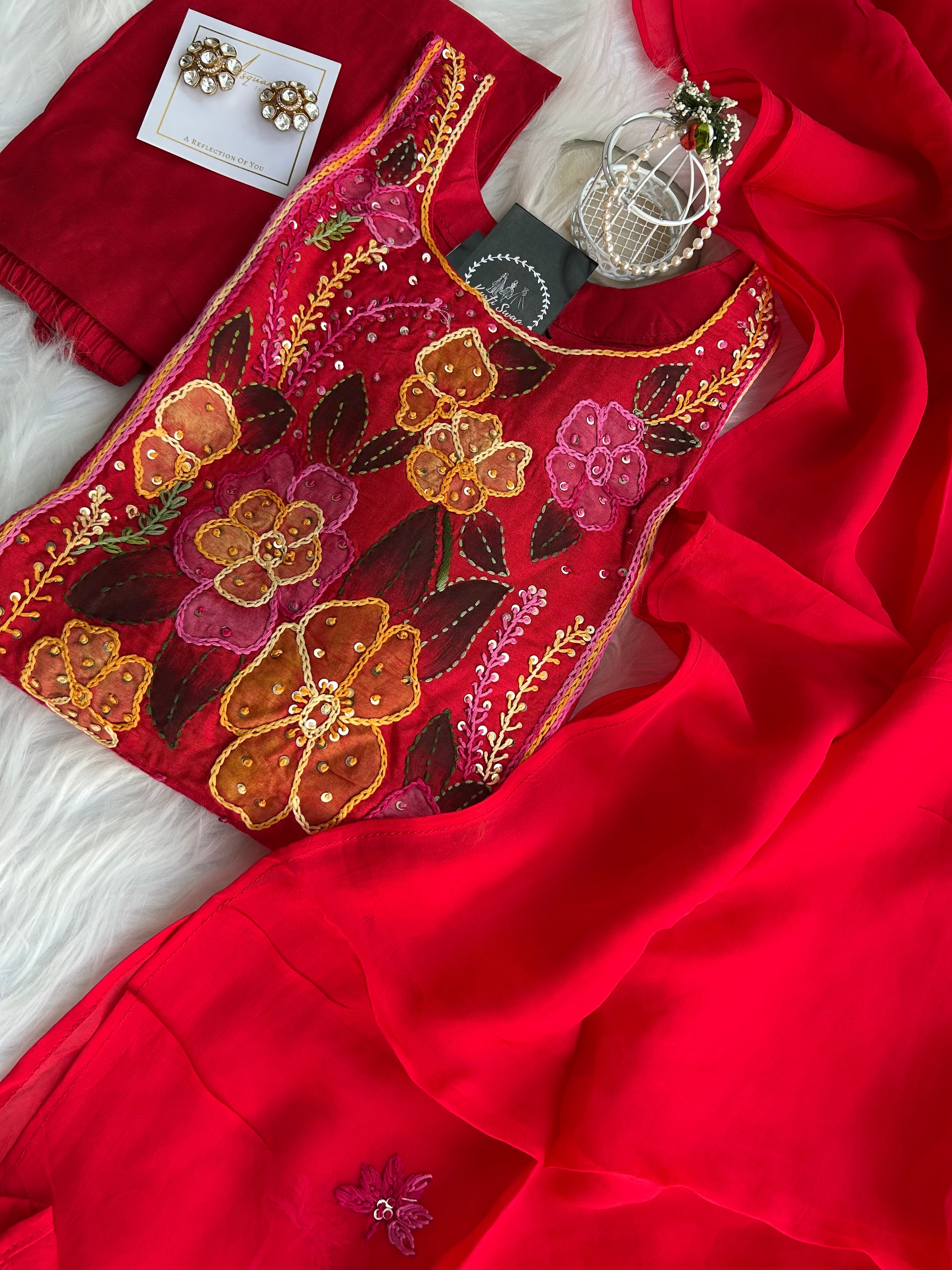 “RANGEELA” Dola Silk French Knot Embroidered Suit Set ✨💕 | KurtiSwag