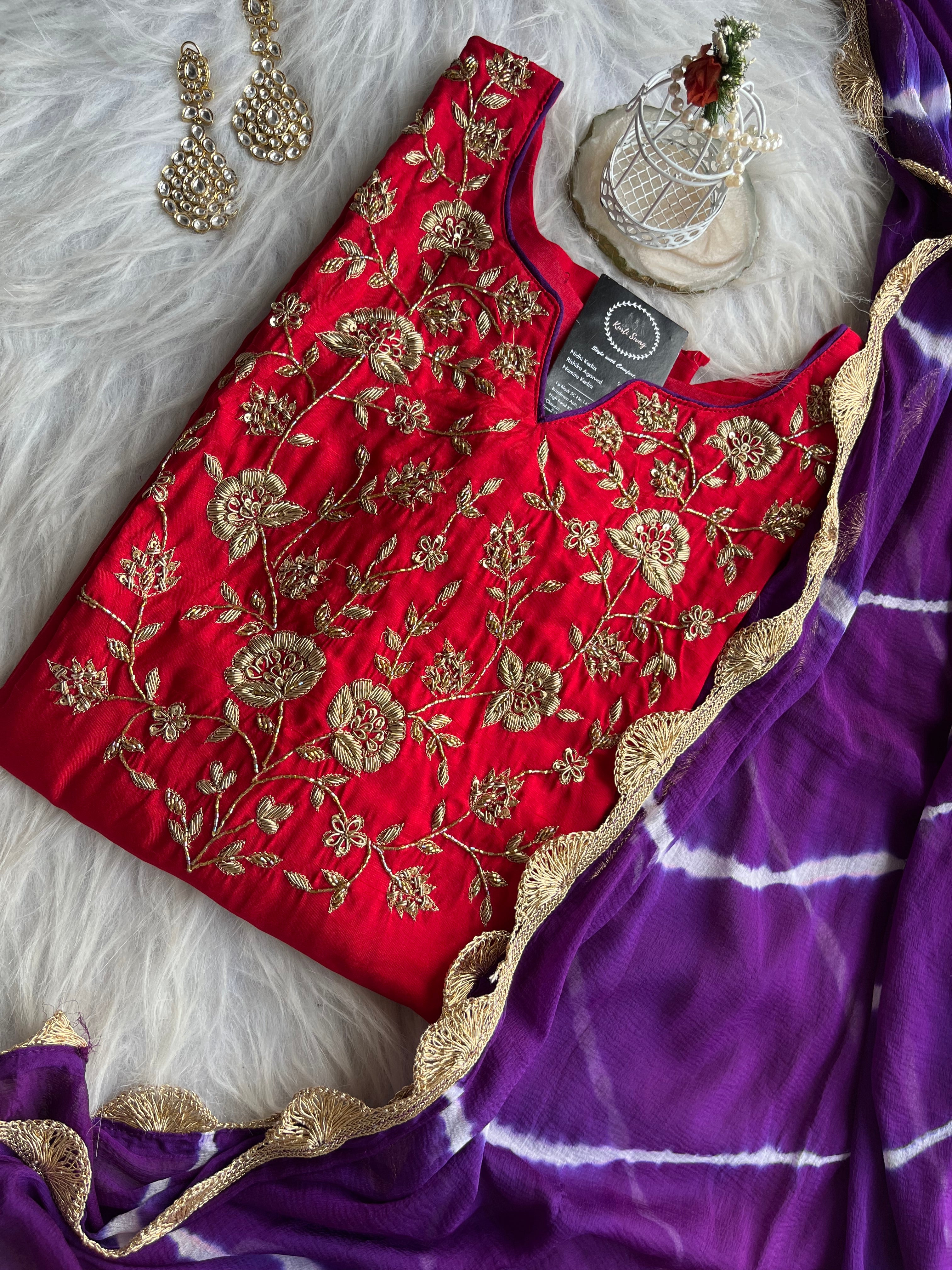 AKKRITI” Zardosi Embroidered Festive Silk Kurti & Dupatta Set