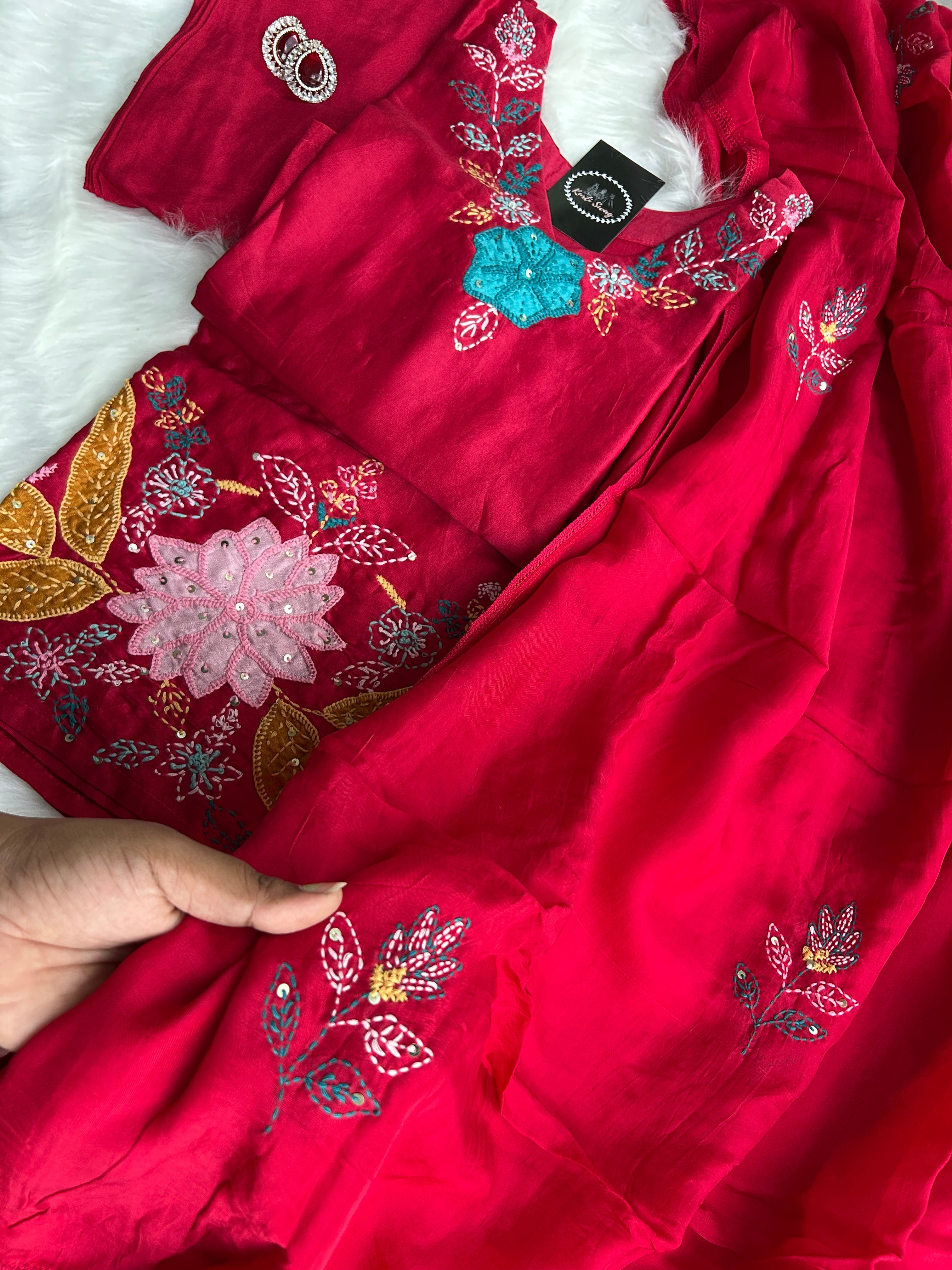 “RUHANI BLOSSOM” Pure Chanderi Suit Set In Red ❤️ | KurtiSwag