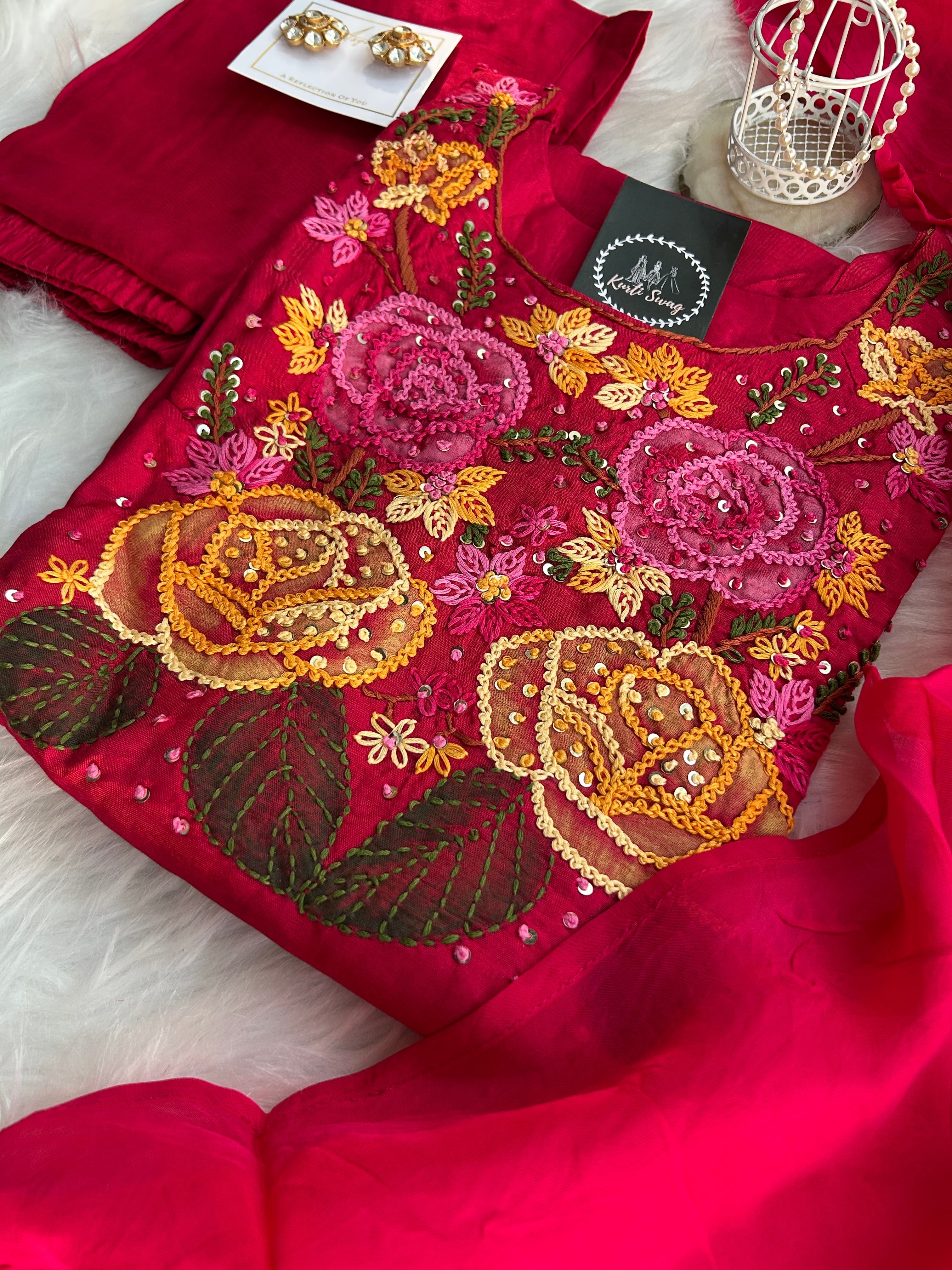 “RANGEELA” Dola Silk French Knot Embroidered Suit Set ✨💕 | KurtiSwag